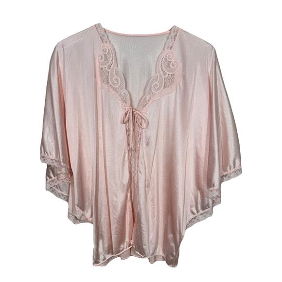 Vintage JC Penney Silky Nylon Bed Jacket Medium Light Pink Lace Trim Short Robe - Picture 1 of 7